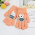 Kids orange knitted winter gloves with cute cartoon cat pattern and elastic ribbed cuffs - One Size / Warm Orange