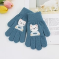 Knitted grey-blue winter gloves for kids featuring a cute 3D cat mascot with fish - One Size / Dark Teal
