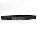 Vintage black elastic belt with antique silver 3D rose flower buckle for women - Black