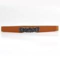 Vintage brown elastic belt for women featuring an antique silver rose flower buckle design - Camel