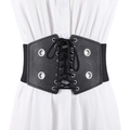 Elastic corset belt with lace-up front and metal eyelets over a white shirt dress - Black