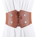 Women's vintage brown elastic waist cincher with faux leather lace-up design for dresses - Camel