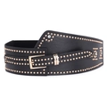 Black elastic wide waist belt for women with gold rivets and rhinestone floral accents - Black