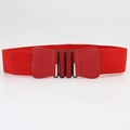 Vibrant red elastic wide belt for women featuring double oval metal interlocking buckle - Red
