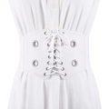 White elastic waist corset belt with silver eyelets and lace-up ties for dresses - White