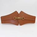 Cintura larga vintage elastica da donna in marrone caramello con fibbia dorata - Cammello