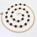 Elegant gold metal chain belt with black enamel square details and adjustable lobster clasp - Square Decoration Style (WP337-1)