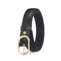 Chic black slim leather belt for women featuring an oval golden metal buckle and stitching - Black