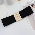 Vintage black wide elastic waist belt with gold wheat leaf relief metal buckle - Black Strap Gold Buckle / 75