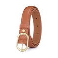 Women's slim brown leather belt with elegant golden oval buckle and vintage stitching - Camel