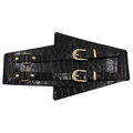 Cintura larga elastica da donna con motivo a coccodrillo nero e doppia fibbia dorata - Stile a Doppia Fibbia Motivo Coccodrillo / Nero
