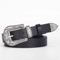 Damen Vintage Ledergürtel in Schwarz mit floral gravierter silberner Schnalle - Schwarz