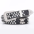 Black leather belt with rhinestones and punk skull metal buckle for women - 105cm / Black