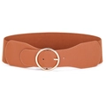 Women's wide elastic waist belt in caramel brown with gold round buckle and leather texture - 65 / Camel