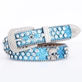 Y2K style blue glitter rhinestone belt with skull emblem and studded buckle detail - Sky Blue