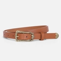 Cintura sottile in pelle marrone vintage con fibbia in bronzo incisa a fiori - Cammello