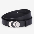 Black leather punk belt with silver oval buckle featuring crescent moon and cross - Black