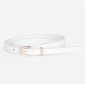 Elegant white skinny leather belt for women featuring a gold horseshoe pin buckle - White