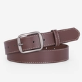 Classic dark brown leather belt for women with vintage stitching and silver buckle - Coffee
