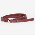 Slim burgundy leather belt for women with a gold horseshoe buckle and adjustable holes - Red Brown
