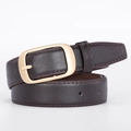 Minimalist women's dark brown leather belt with matte gold square buckle and red stitching - Dark Coffee