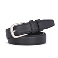 Women's black textured leather belt with a matte silver metal buckle and reinforced stitching - Black