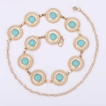 Gold metal chain belt with turquoise stones and adjustable lobster clasp for dresses - Round Vintage Gold Style (WP370-5)