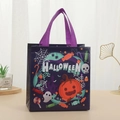 Detail of Halloween non-woven gift bag with pumpkin, ghost prints and purple handles - Purple Navy Patchwork Pumpkin Ghost Style (5007-10)