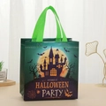 Halloween non-woven gift bag with spooky silhouette prints and neon green handles - Castle Bat Silhouette Style (5007-1)