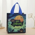 Close-up of Halloween non-woven gift bag featuring pumpkin and bat prints on dark blue - Deep Blue Dark Green Pumpkin Moon Style (5007-7)