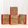 Four festive Christmas kraft paper gift bags with holiday patterns and woven handles - Medium Style (H23*L18*W10)