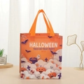 Orange Halloween non-woven gift bag with pumpkin and ghost prints on wood table - Orange Halloween Party Text Style (5007-8)