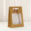 Elegant gold trapezoid gift bag with clear window and brown satin bow decoration - Flap Window-Gold