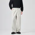 Men's wide-leg wool casual pants in light beige featuring a loose straight fit and soft drape - Apricot