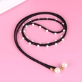 Elegant black suede velvet cord waist chain with white faux pearls and gold floral caps - Black