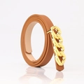 Schmaler dunkelbrauner Ledergürtel mit goldener Dreifach-Ring-Schnalle für Damen - Klein / Goldene Schnalle Kamel
