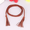 Brown braided suede thin belt with long tassels for women in bohemian style - Coffee