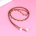Brown velvet waist rope with faux pearl pendants for dress fashion accessory - Camel