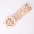 Pink woven straw stretch belt with elegant marble-pattern resin round buckle for women - Pink