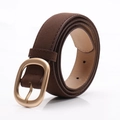 Minimalist brown nubuck leather belt for women with elegant golden oval pin buckle - Coffee