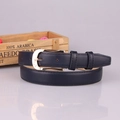 Navy blue faux leather belt for women featuring a polished gold alloy pin buckle - Navy Blue