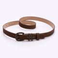 Slim brown women's belt with decorative floral accent and elegant D-ring metal buckle - Coffee