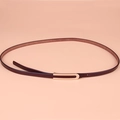 Women's slim dark burgundy genuine leather belt with elegant pale gold U-shape metal buckle - Coffee