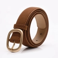 Brown nubuck leather belt for women with a matte gold square buckle for jeans - Camel