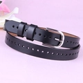 Women's black hollow leather belt with silver needle buckle for casual denim jeans - Black