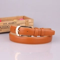 Slim light brown PU leather belt for women featuring a gold heart engraved pin buckle - Camel