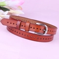 Women's brown hollowed leather belt with silver horseshoe buckle and adjustable round holes - Camel