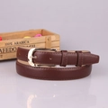 Deep brown women's faux leather thin belt with golden heart-engraved buckle - Coffee