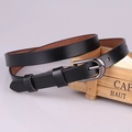 Elegant thin black leather belt for women with a matte finish and gunmetal horseshoe buckle - Black