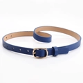 Elegant thin blue leather belt for women featuring a gold oval buckle for chic styling - Dark Blue